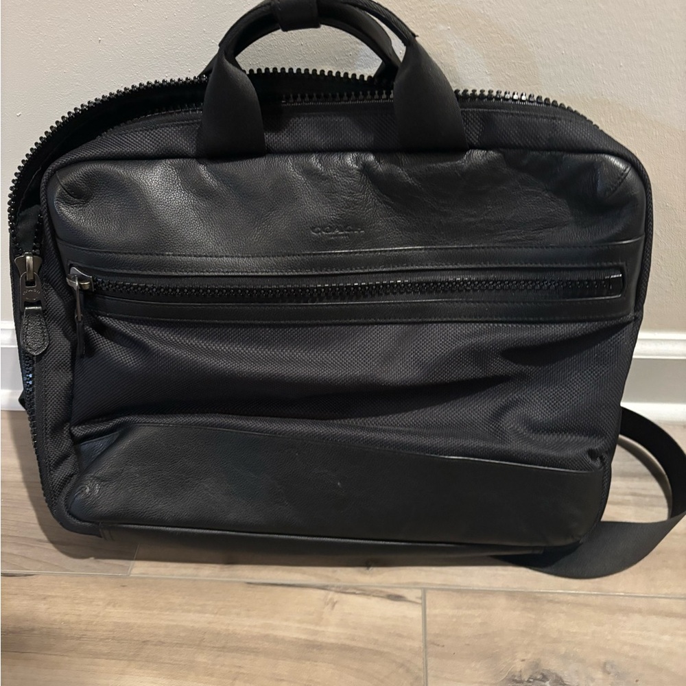 Coach 3 Way Black Leather Nylon laptop, Backpack Briefcase, Shoulder Bag